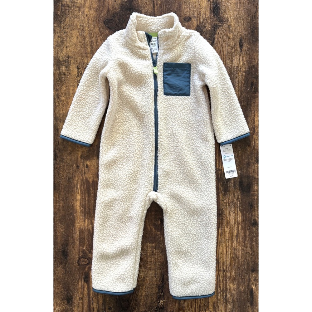 Carters 18M Sherpa Fleece Jumpsuit Cream With Navy Blue Zip Up One Piece